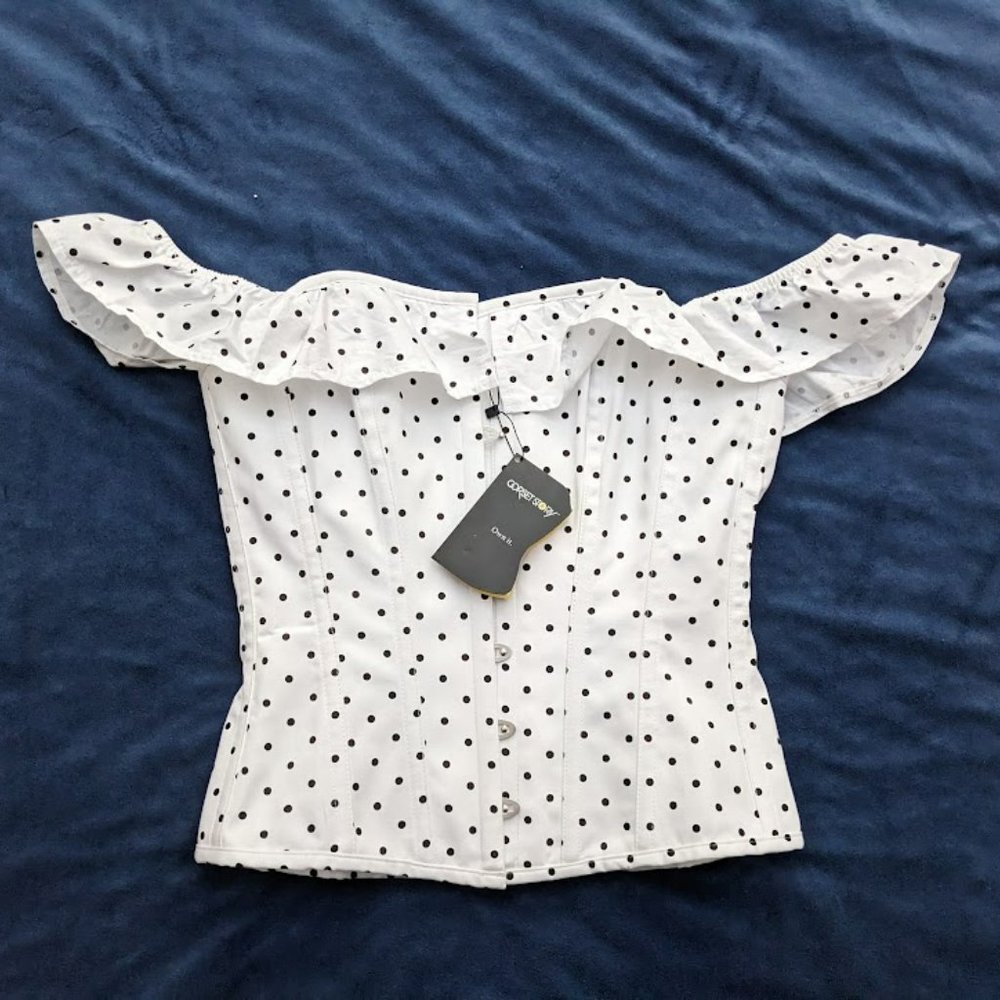 POLKA DOT STRAIGHT BUSTLINE CORSET TOP WITH OFF THE SHOULDER SLEEVES- 24"